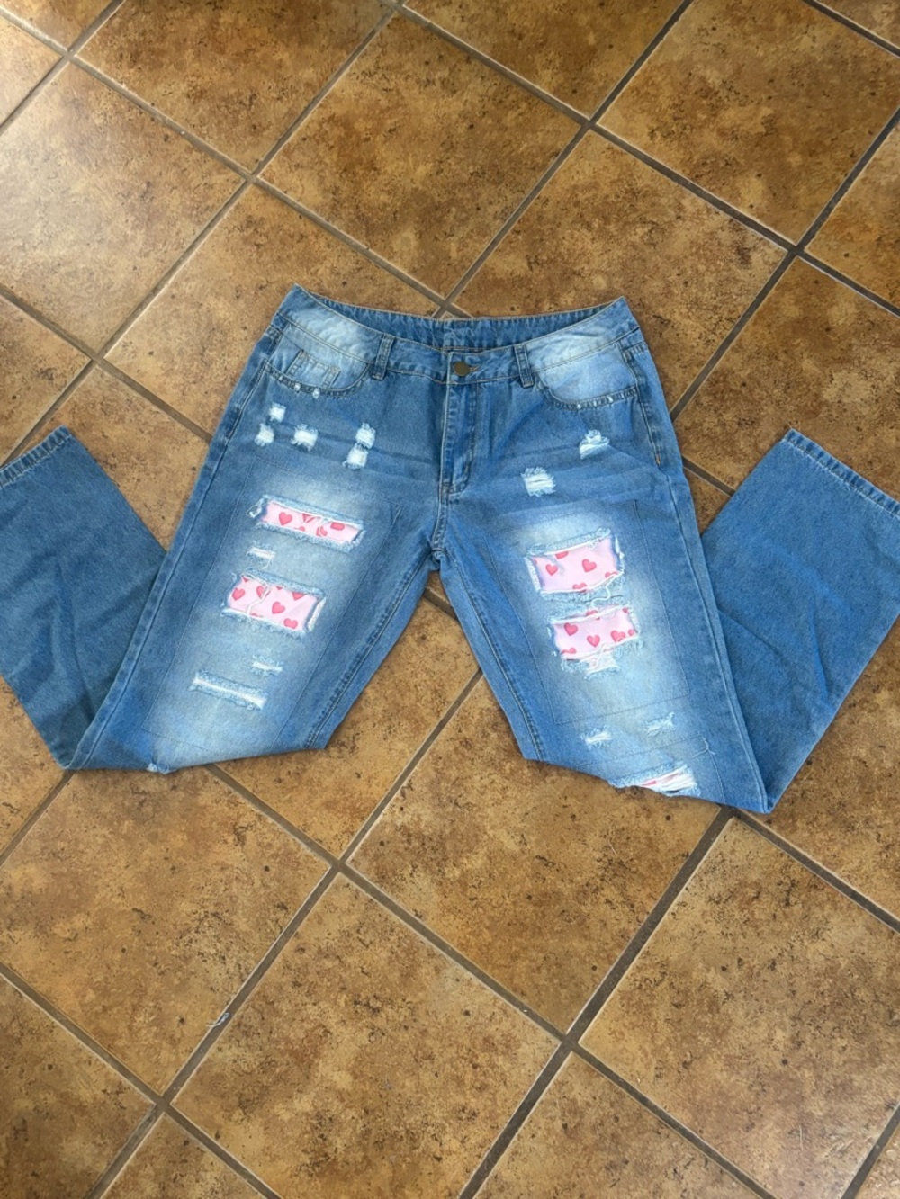 Women's Blue Boyfriend Jeans with Pink Heart Patch Accents